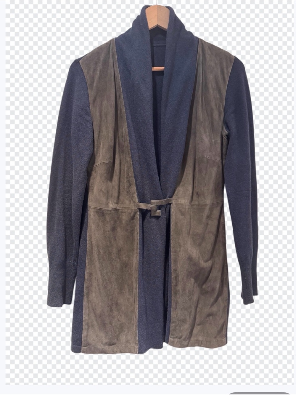 Navy Knit & Brown Suede Shawl Cardigan with Self-Tie